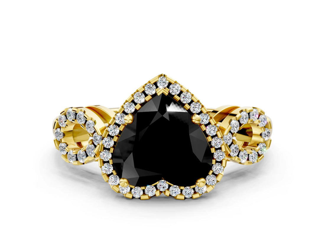 Yellow gold Fancy Black Heart Cut Cut Halo Diamond Infinity Band with Four-Prong Setting