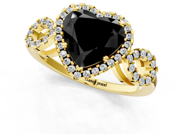 Yellow Gold Heart-Shaped Pave Infinity Halo Engagement Ring Setting for Black Center