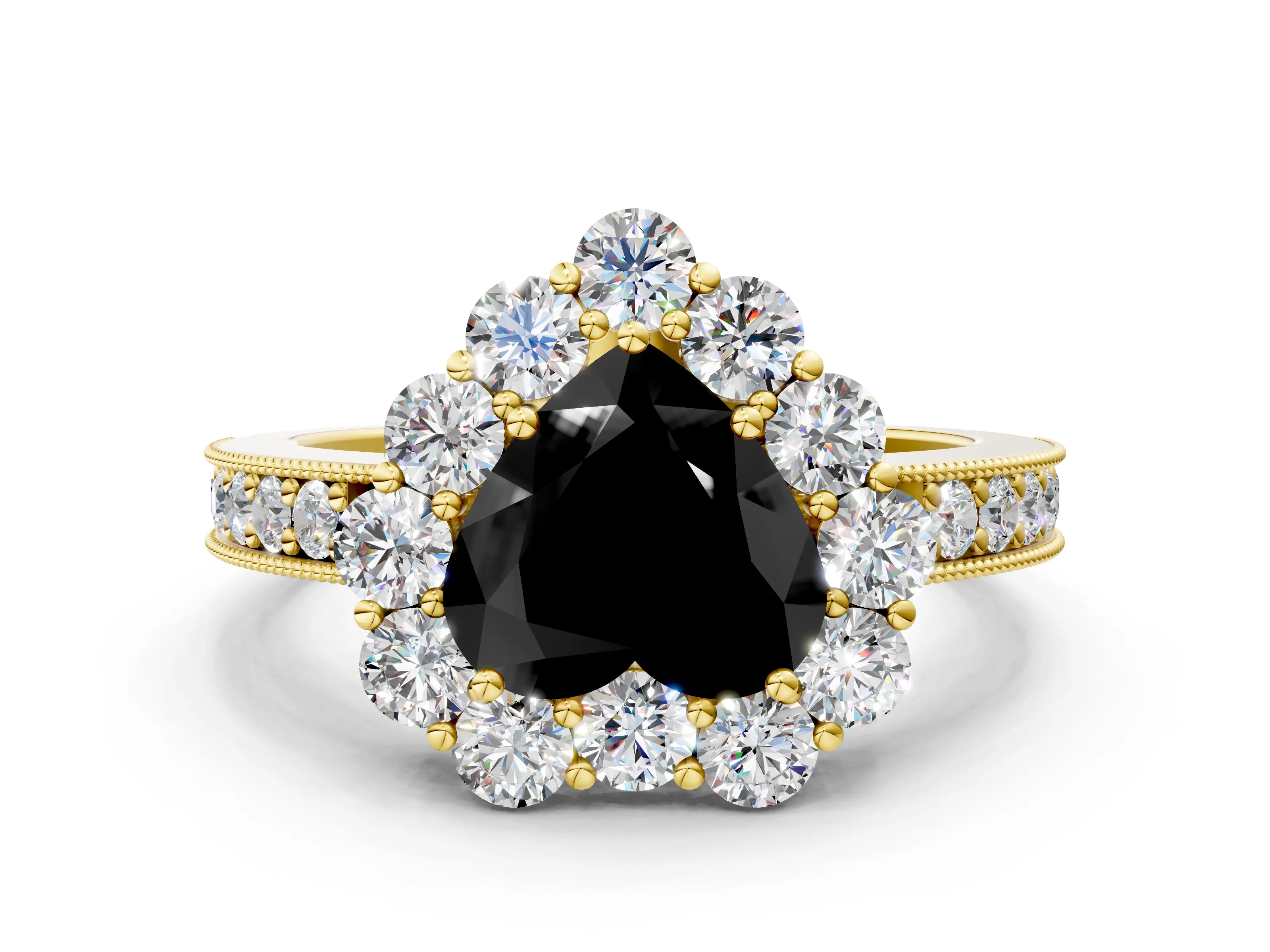 Yellow gold Fancy Black Heart Cut Cut Halo Diamond Pavé Engagement Ring with Milgrain Detailing