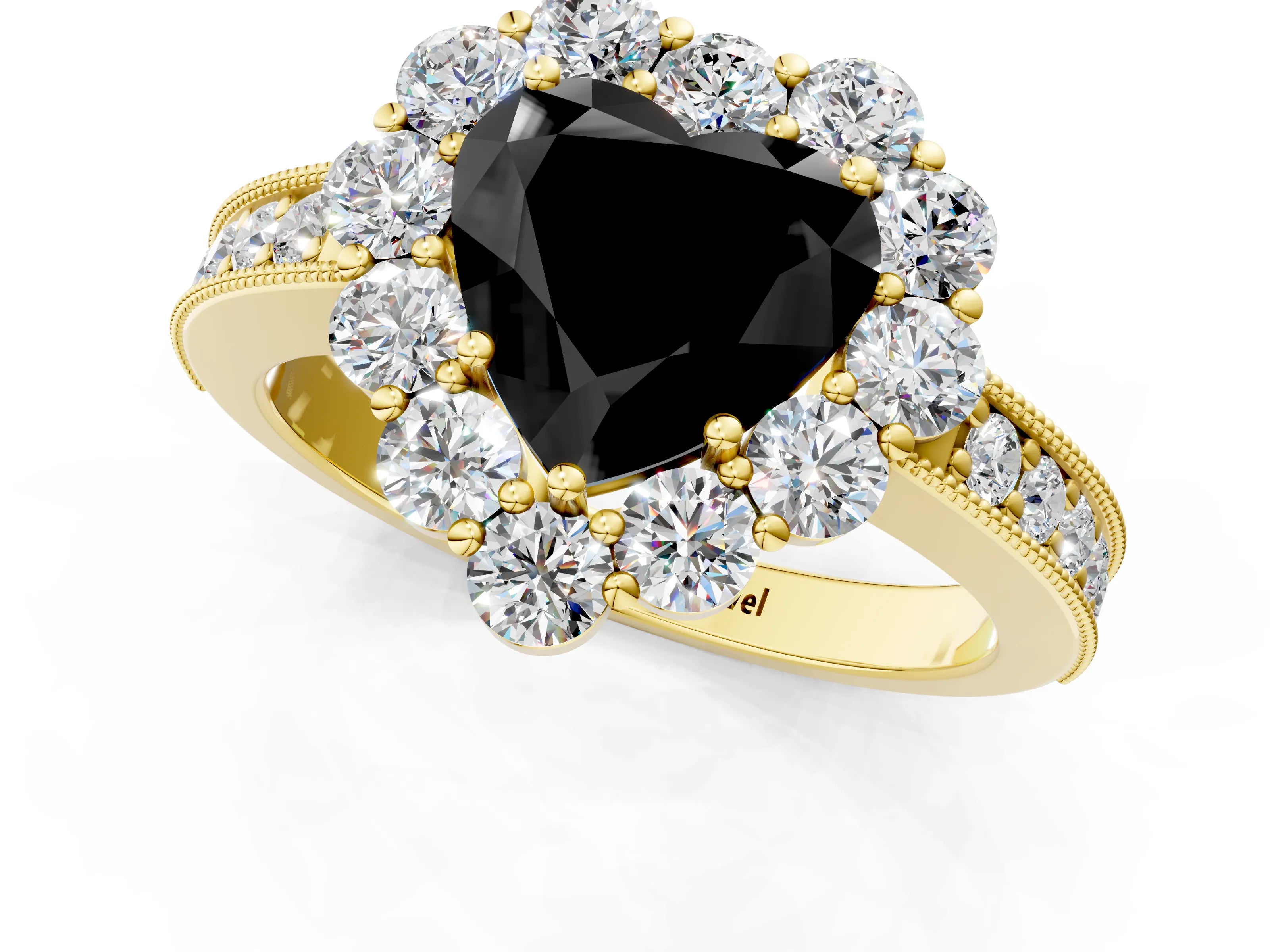 Yellow gold Fancy Black Heart Cut Cut Halo Diamond Pavé Engagement Ring with Milgrain Detailing_1