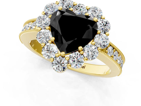 Yellow gold Fancy Black Heart Cut Cut Halo Diamond Pavé Engagement Ring with Milgrain Detailing_1