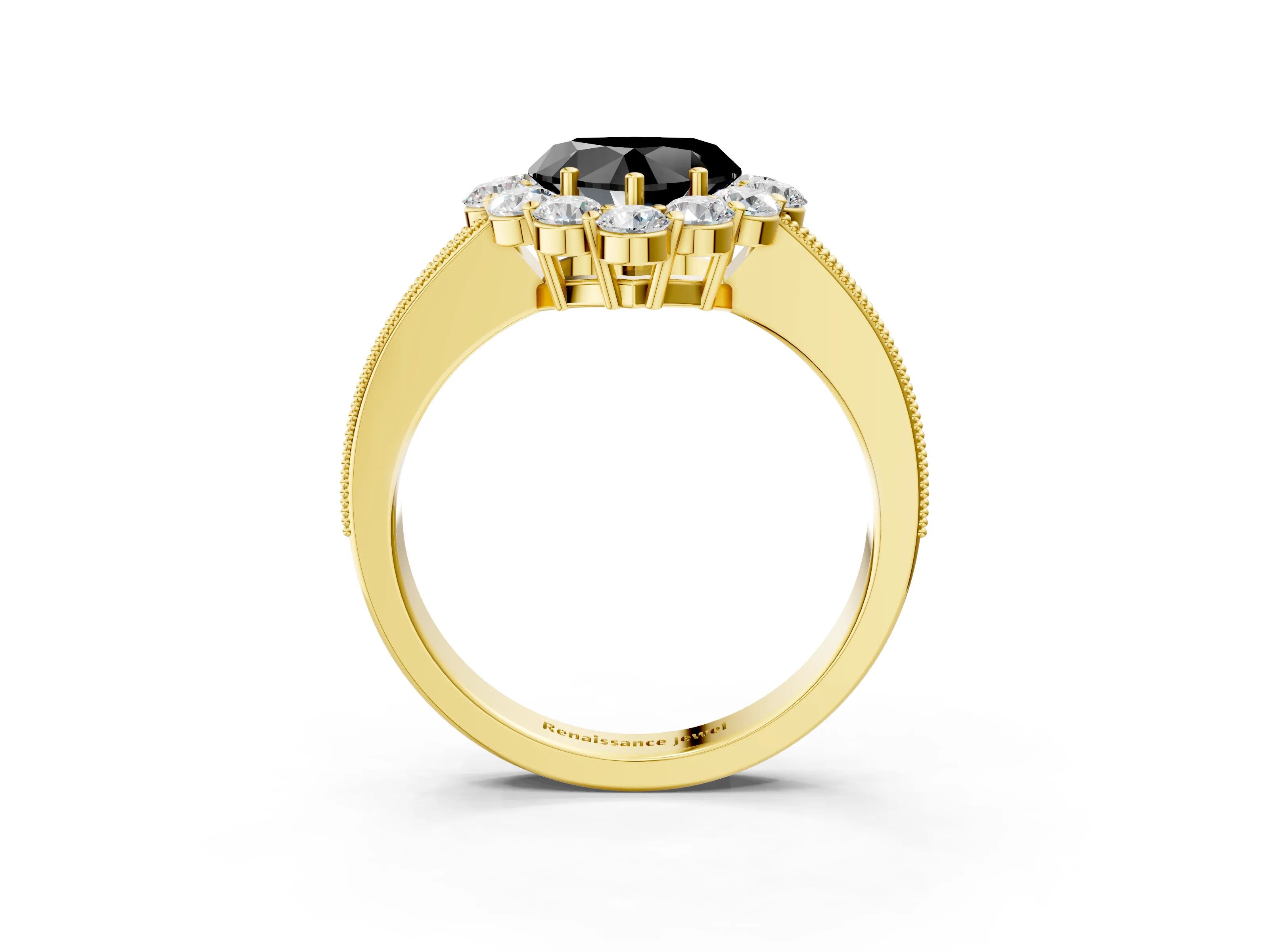 Yellow gold Fancy Black Heart Cut Cut Halo Diamond Pavé Engagement Ring with Milgrain Detailing_3