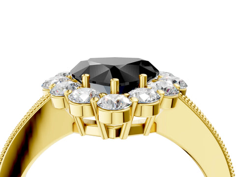Yellow gold Fancy Black Heart Cut Cut Halo Diamond Pavé Engagement Ring with Milgrain Detailing_4