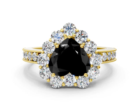 Yellow gold Fancy Black Heart Cut Cut Halo Diamond Pavé Engagement Ring with Milgrain Detailing