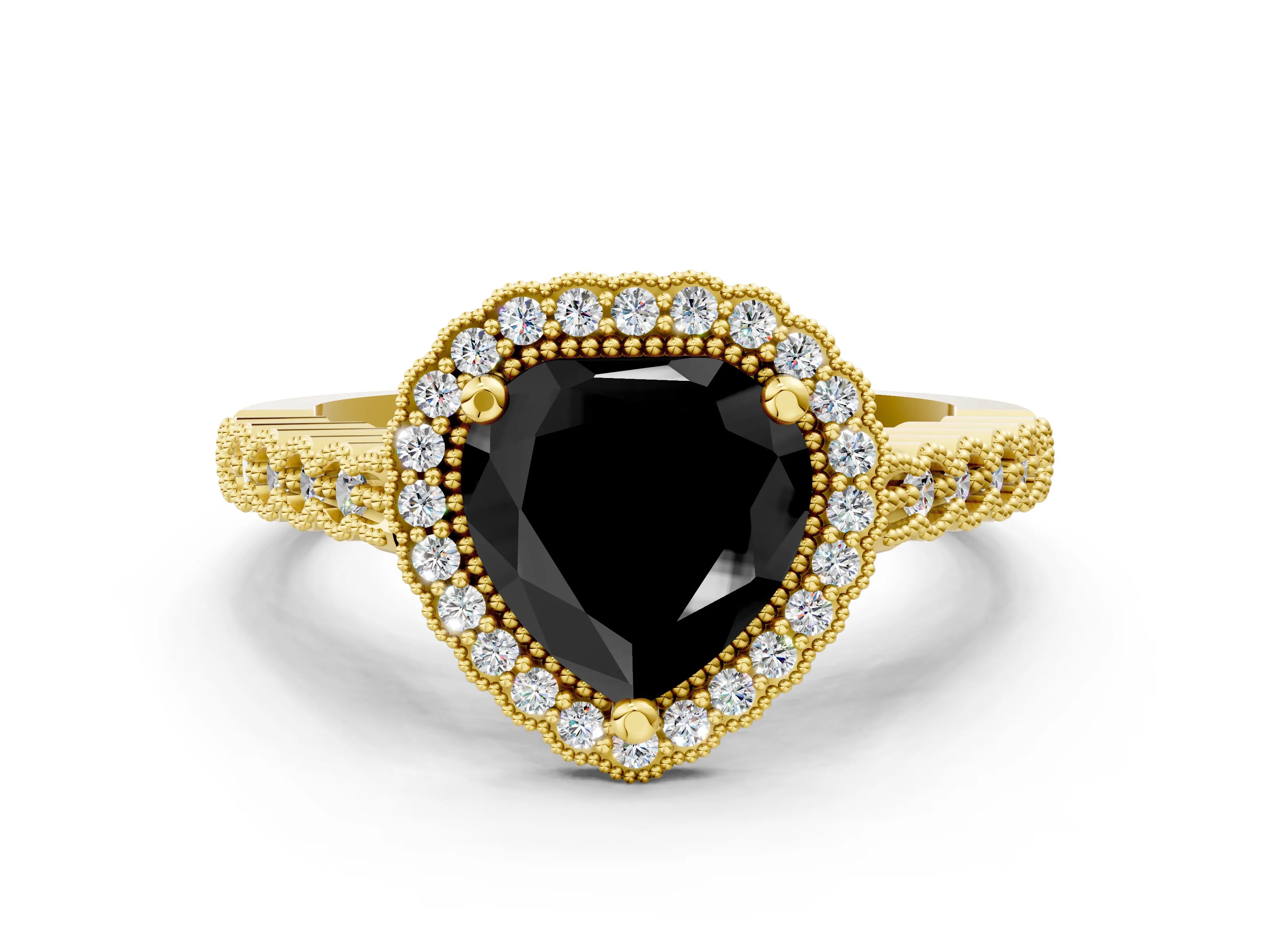 Yellow gold Fancy Black Heart Cut Cut Halo Pavé Solitaire Ring with Milgrain Band