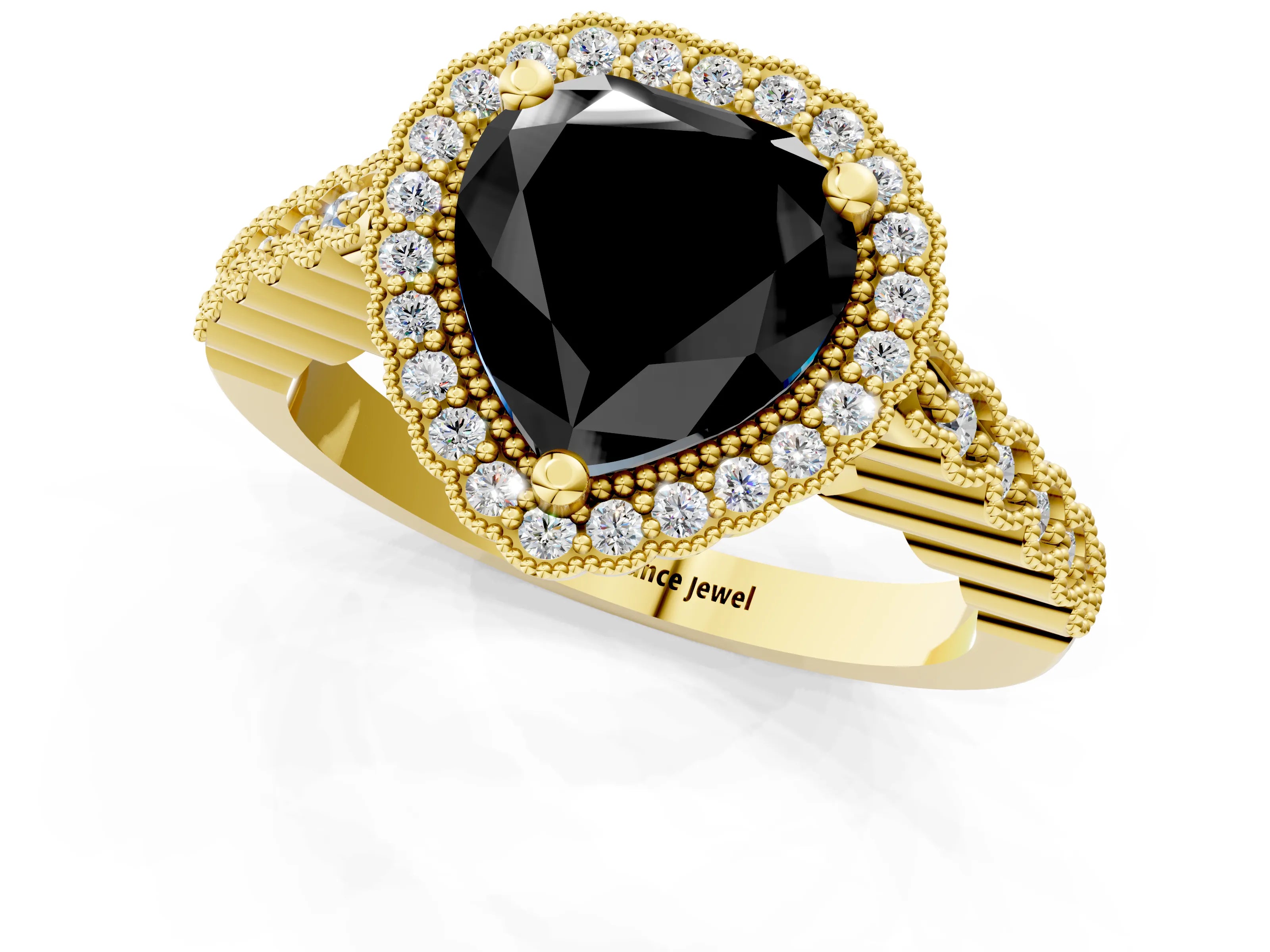 Yellow gold Fancy Black Heart Cut Cut Halo Pavé Solitaire Ring with Milgrain Band_1