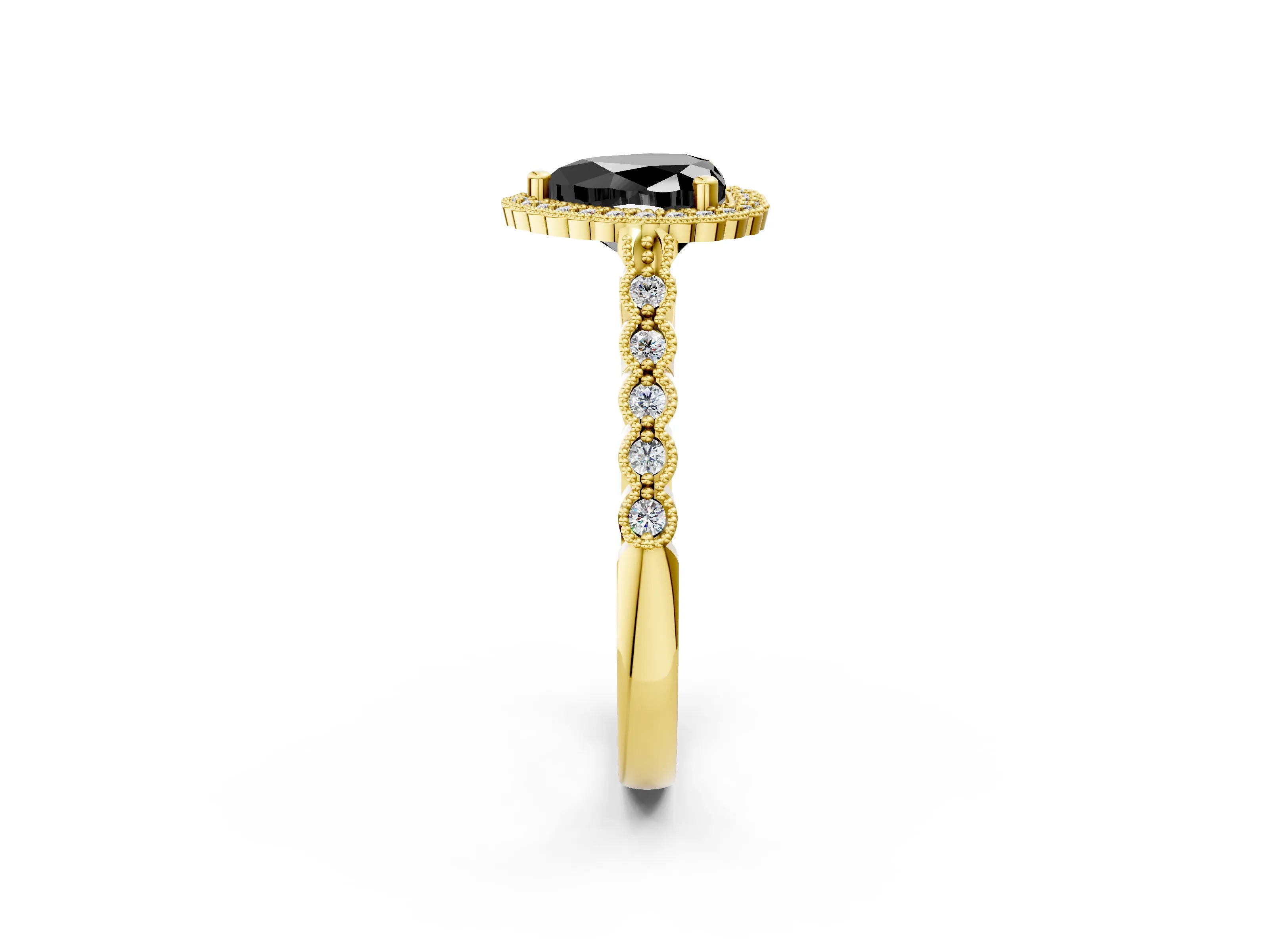 Yellow gold Fancy Black Heart Cut Cut Halo Pavé Solitaire Ring with Milgrain Band_2