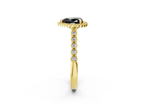 Yellow gold Fancy Black Heart Cut Cut Halo Pavé Solitaire Ring with Milgrain Band_2