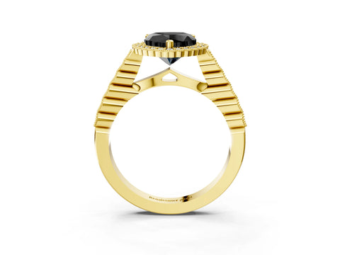 Yellow gold Fancy Black Heart Cut Cut Halo Pavé Solitaire Ring with Milgrain Band_3