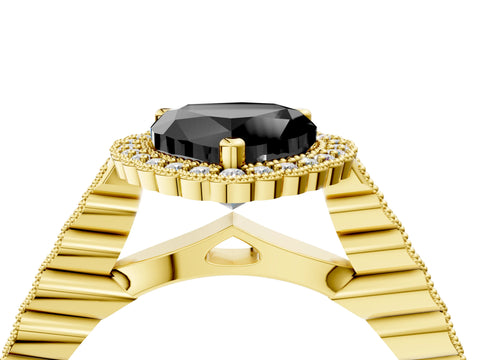Yellow gold Fancy Black Heart Cut Cut Halo Pavé Solitaire Ring with Milgrain Band_4