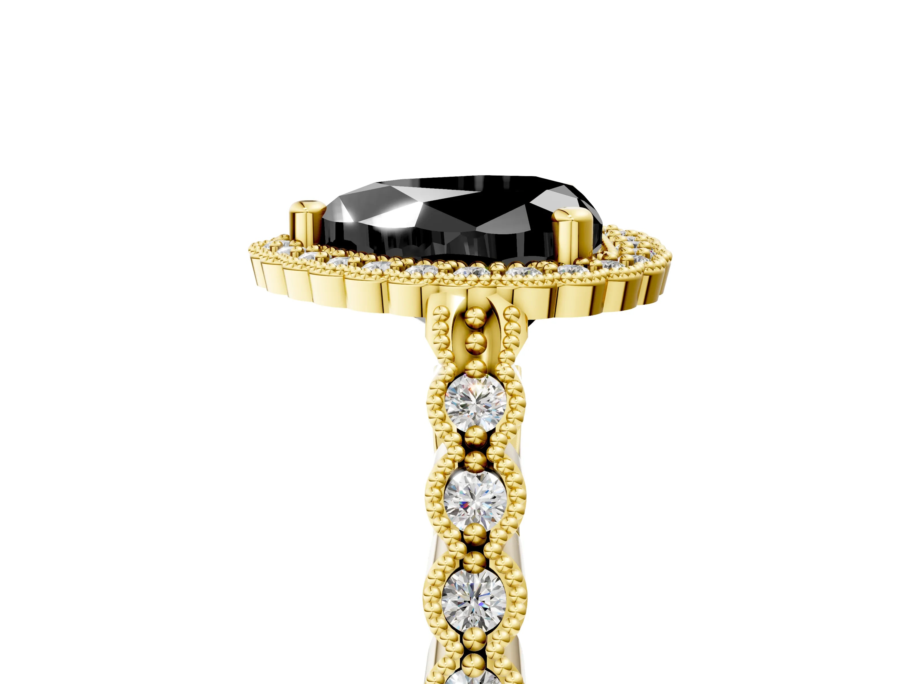 Yellow gold Fancy Black Heart Cut Cut Halo Pavé Solitaire Ring with Milgrain Band_5