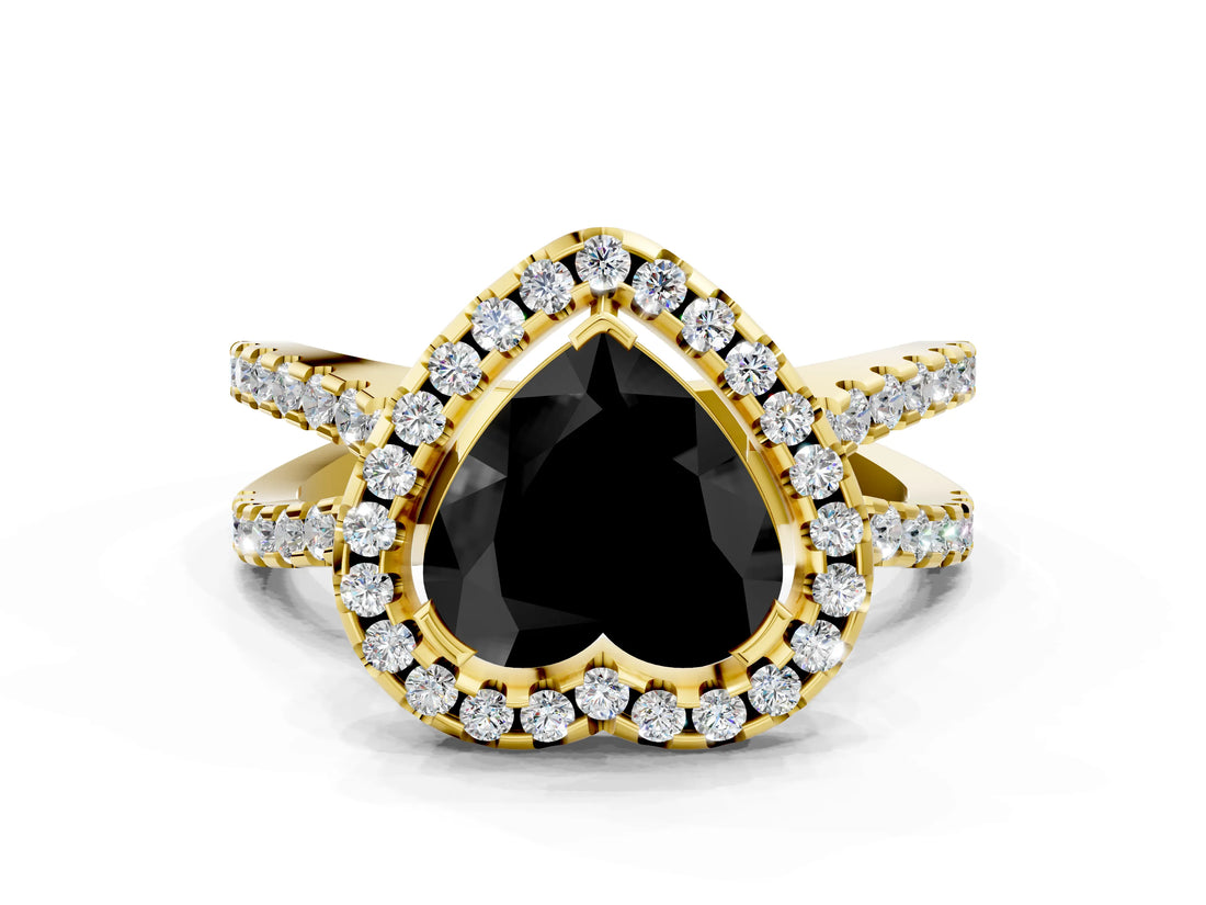 Yellow gold Fancy Black Heart Cut Cut Halo Split Shank Pave Set Ring