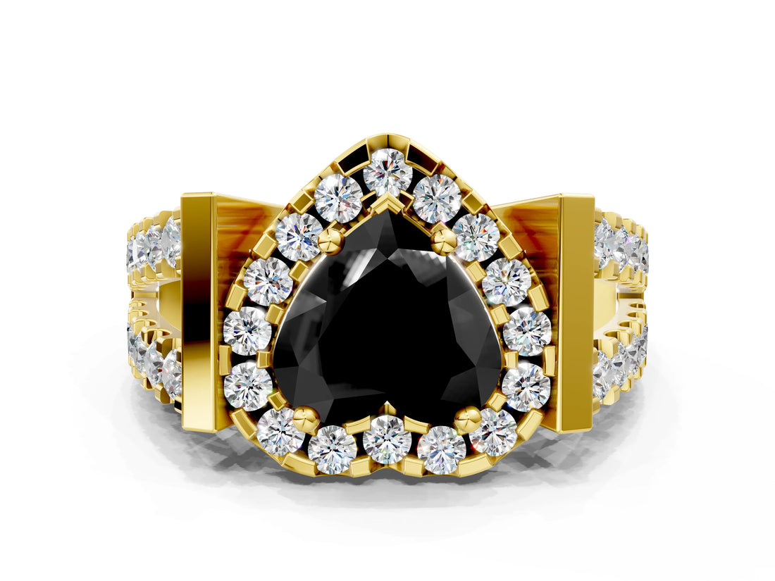 Yellow gold Fancy Black Heart Cut Cut Halo Split Shank Prong Set Ring