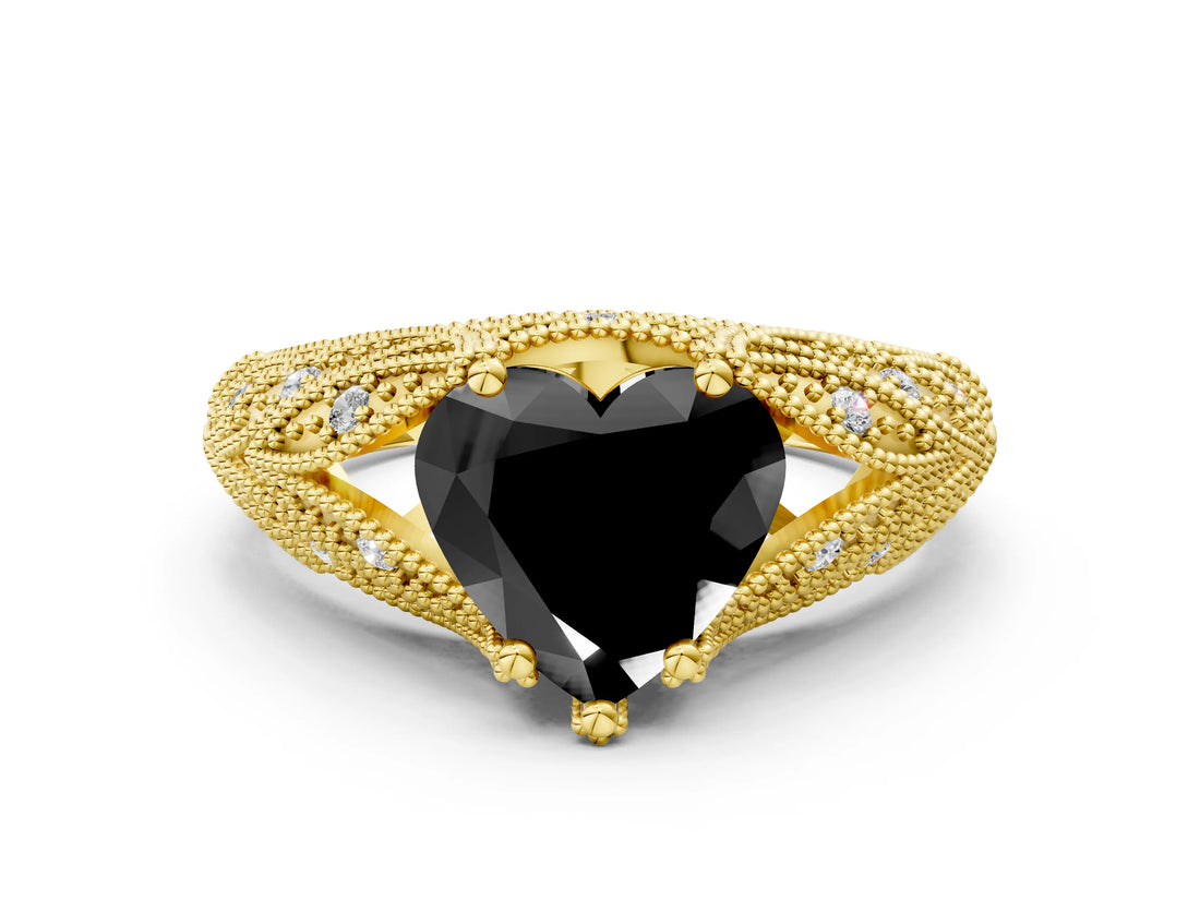 Yellow gold Fancy Black Heart Cut Cut Milgrain Pave Diamond Engagement Ring with Four-Prong Setting_3