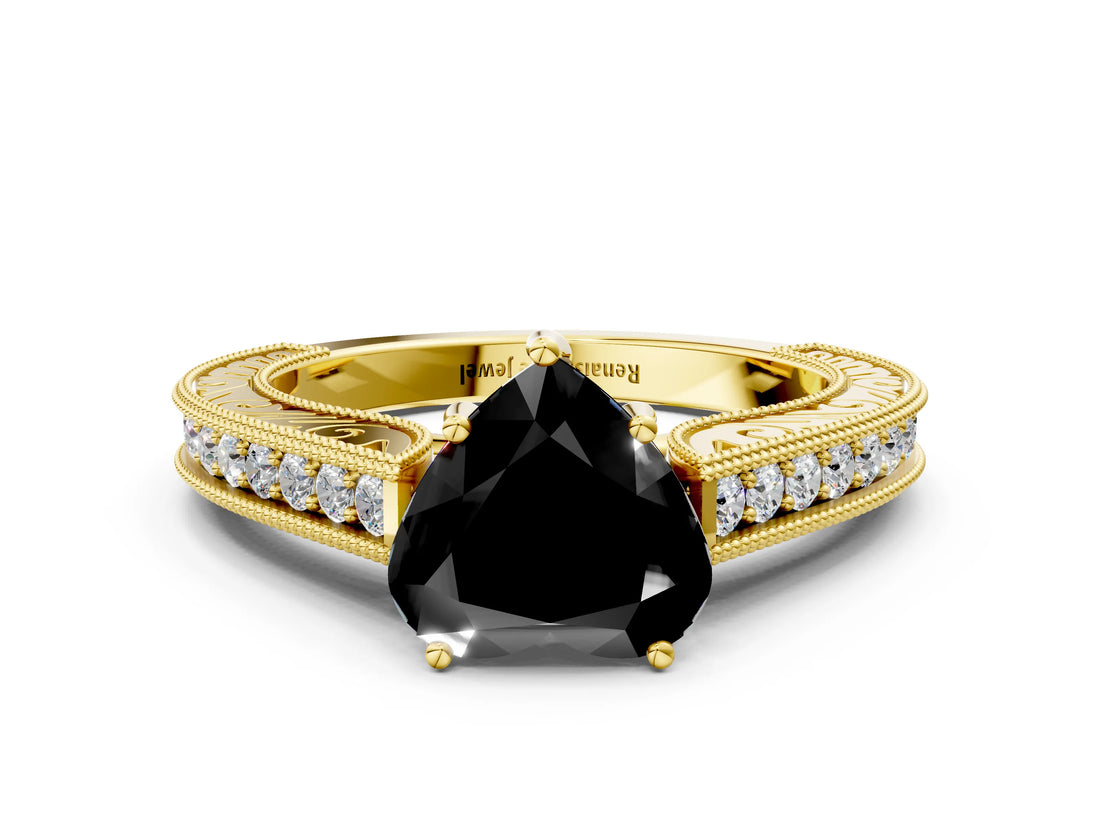 Yellow gold Fancy Black Heart Cut Cut Pave Band Milgrain Solitaire Ring_11