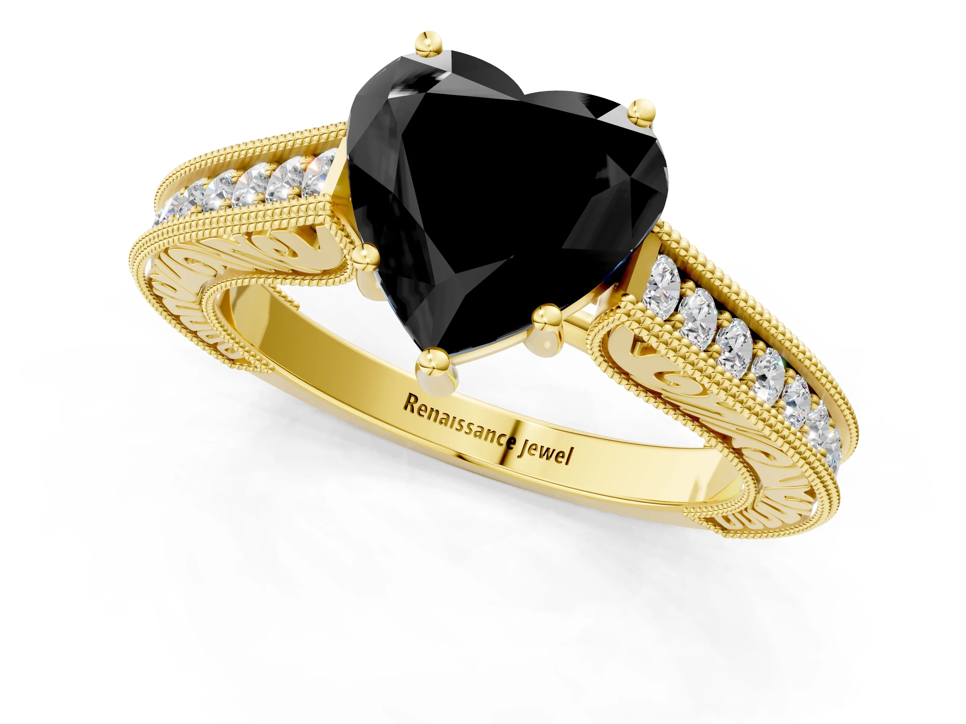 Yellow gold Fancy Black Heart Cut Cut Pave Band Milgrain Solitaire Ring_12