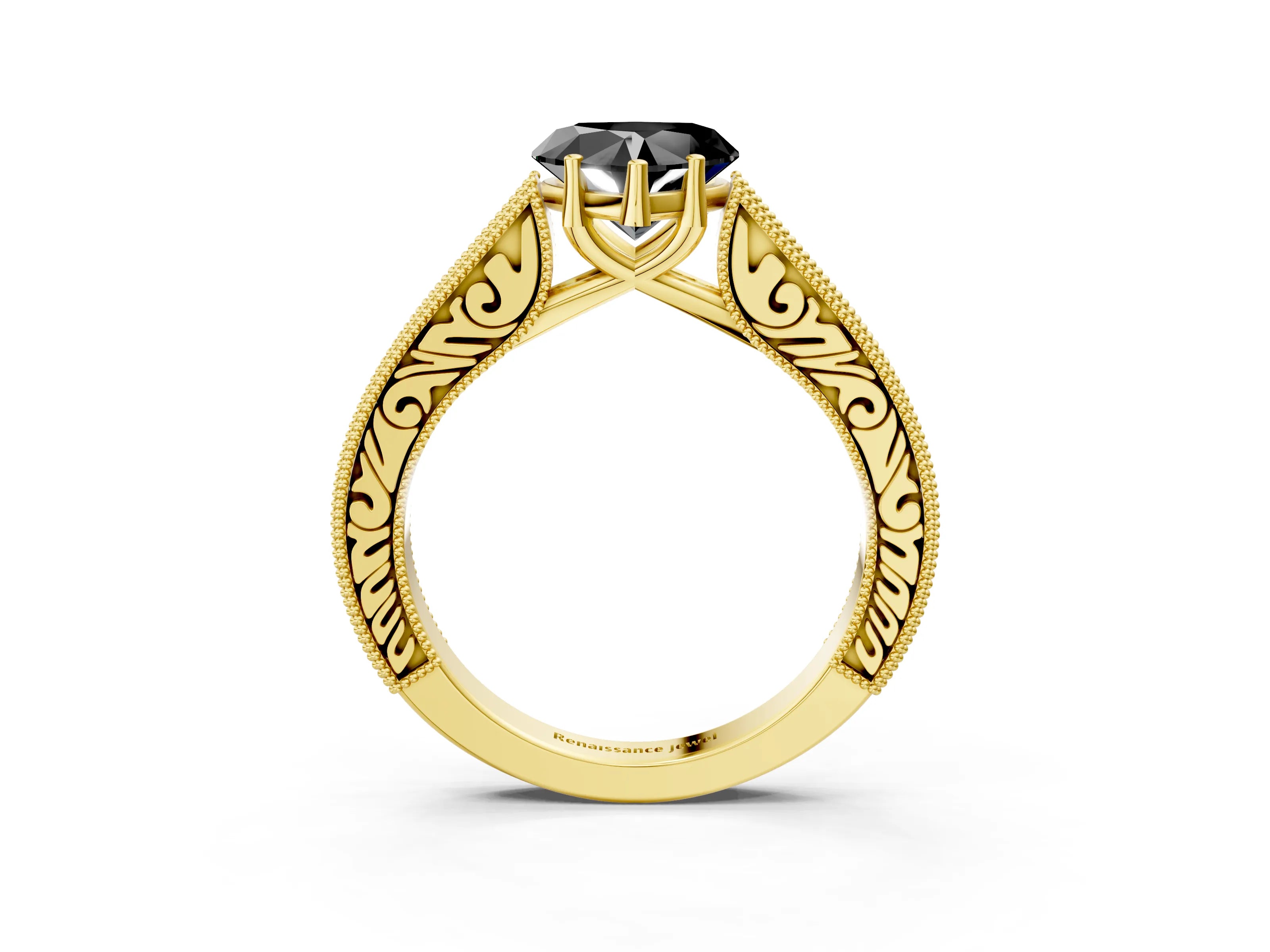 Yellow gold Fancy Black Heart Cut Cut Pave Band Milgrain Solitaire Ring_14