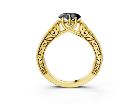 Yellow gold Fancy Black Heart Cut Cut Pave Band Milgrain Solitaire Ring_14