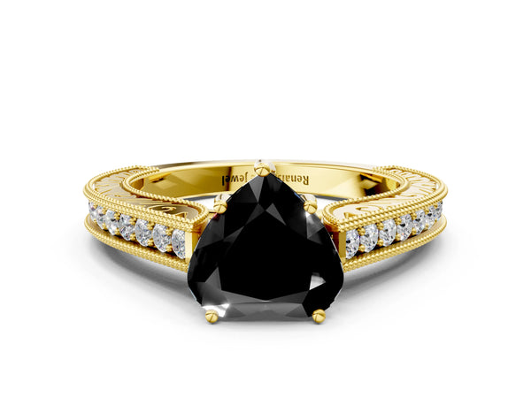 Yellow Gold Heart-Shaped Vintage Pave Engagement Ring Setting for Black Center