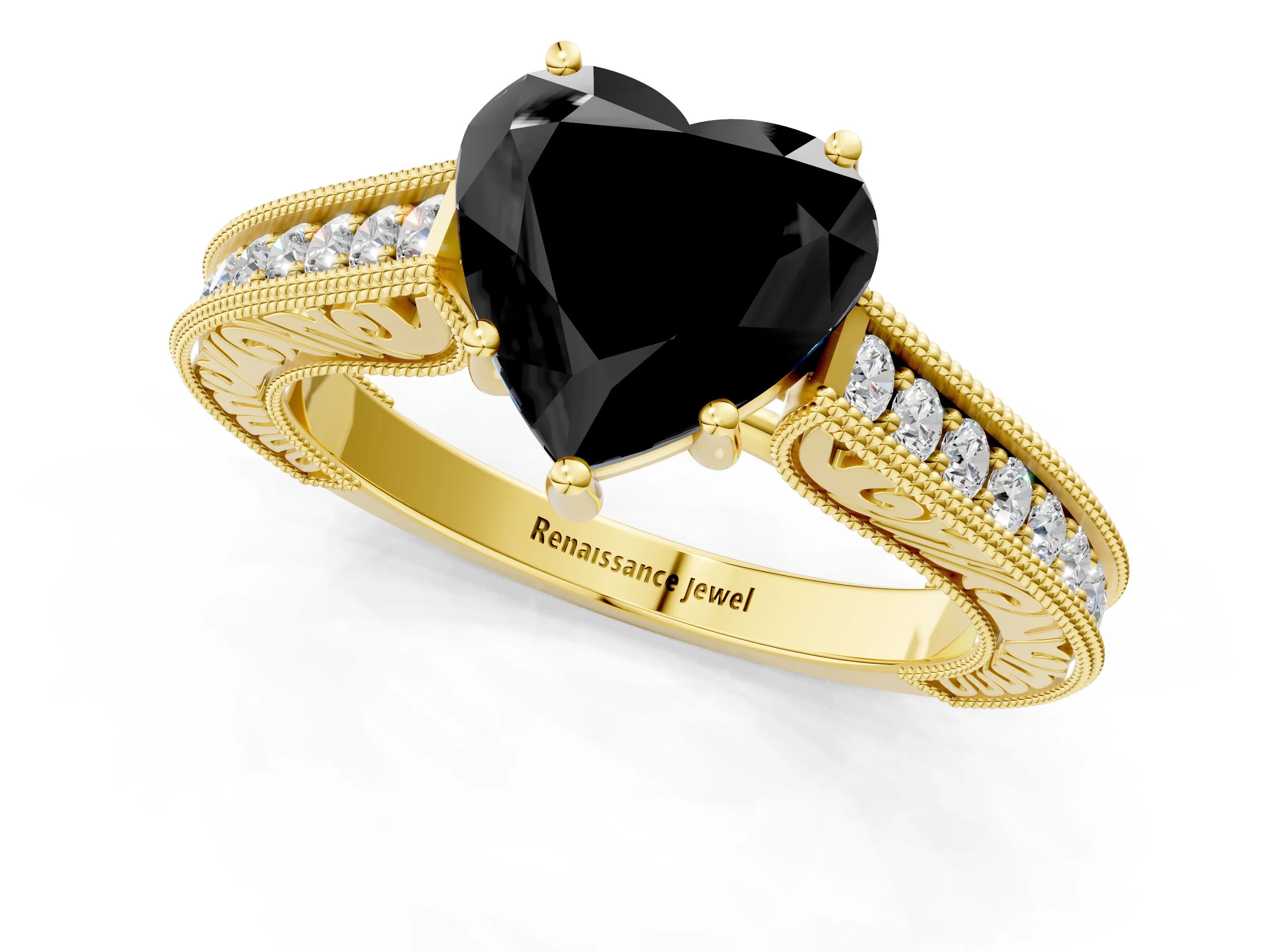 Yellow gold Fancy Black Heart Cut Cut Pave Band Milgrain Solitaire Ring_24
