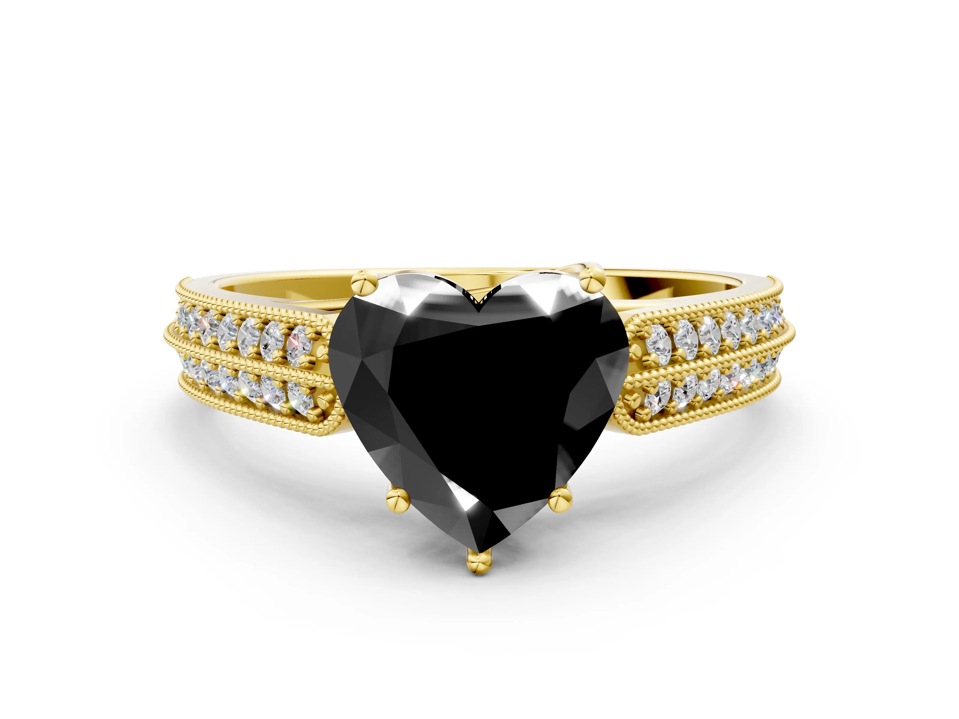 Yellow gold Fancy Black Heart Cut Cut Pave Split Shank Engagement Ring with Four-Prong Setting