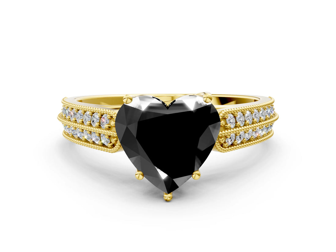 Yellow gold Fancy Black Heart Cut Cut Pave Split Shank Engagement Ring with Four-Prong Setting