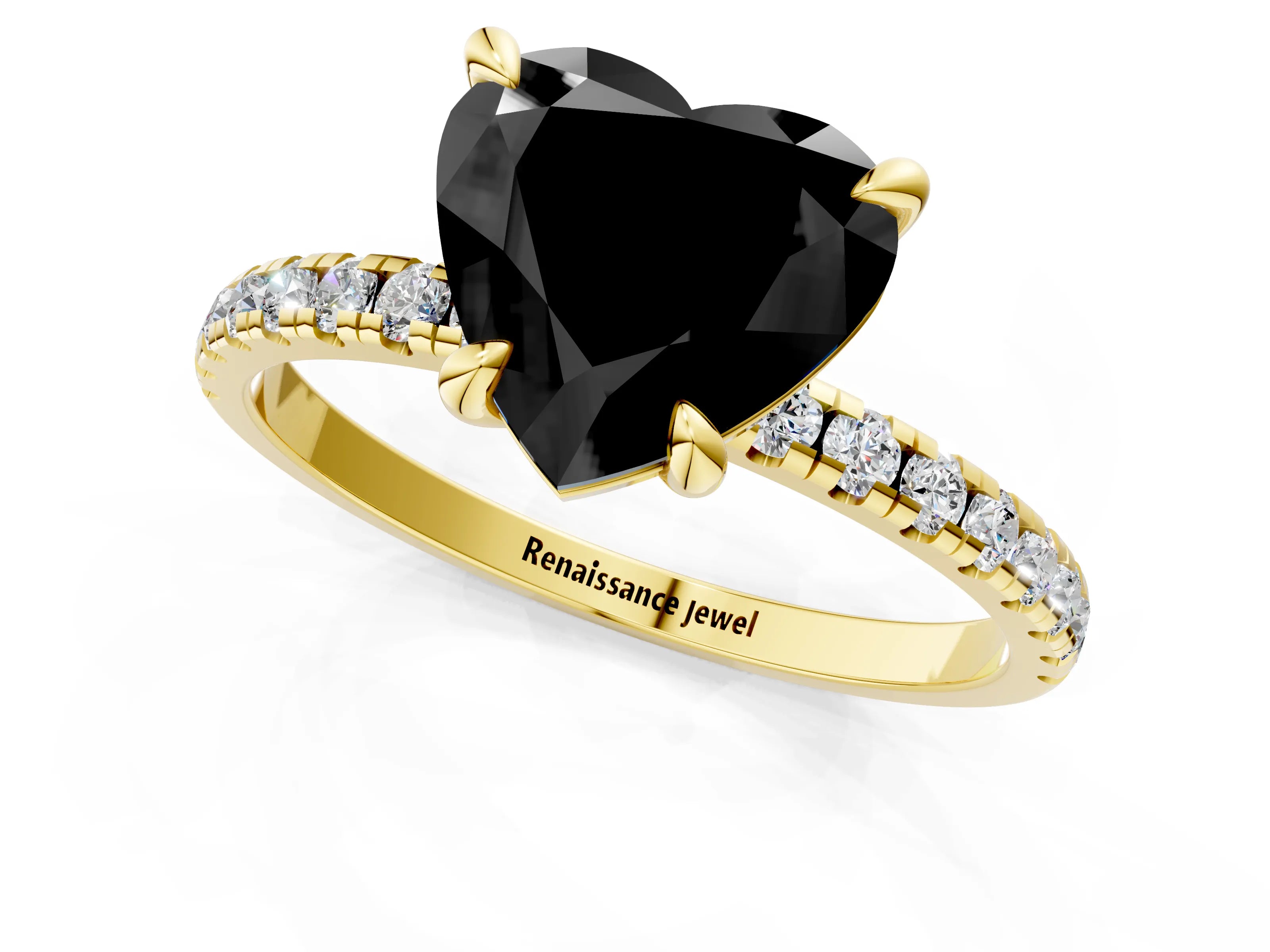 Yellow gold Fancy Black Heart Cut Diamond Brilliant Solitaire Ring with Pavé Band and Four-Prong Setting_1