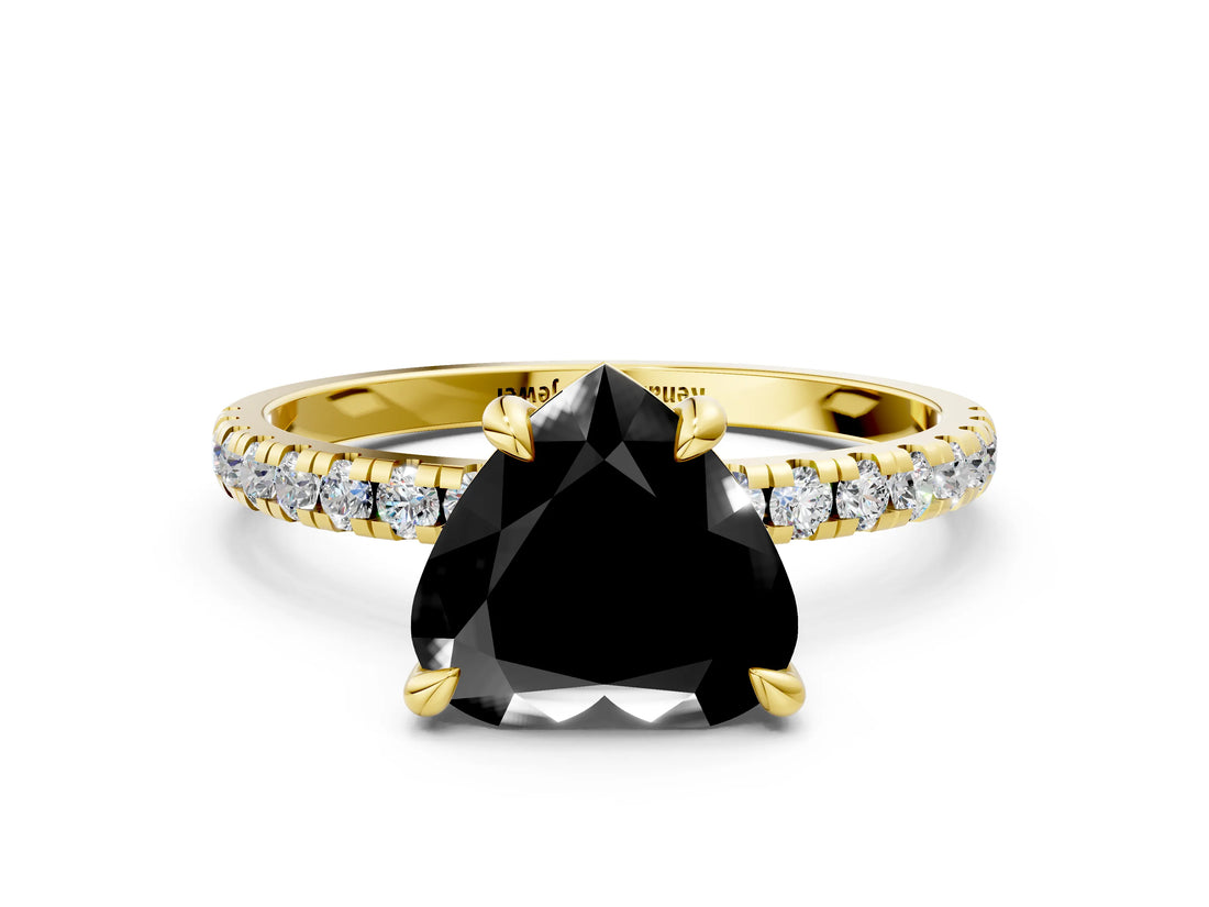 Yellow gold Fancy Black Heart Cut Diamond Brilliant Solitaire Ring with Pavé Band and Four-Prong Setting_12