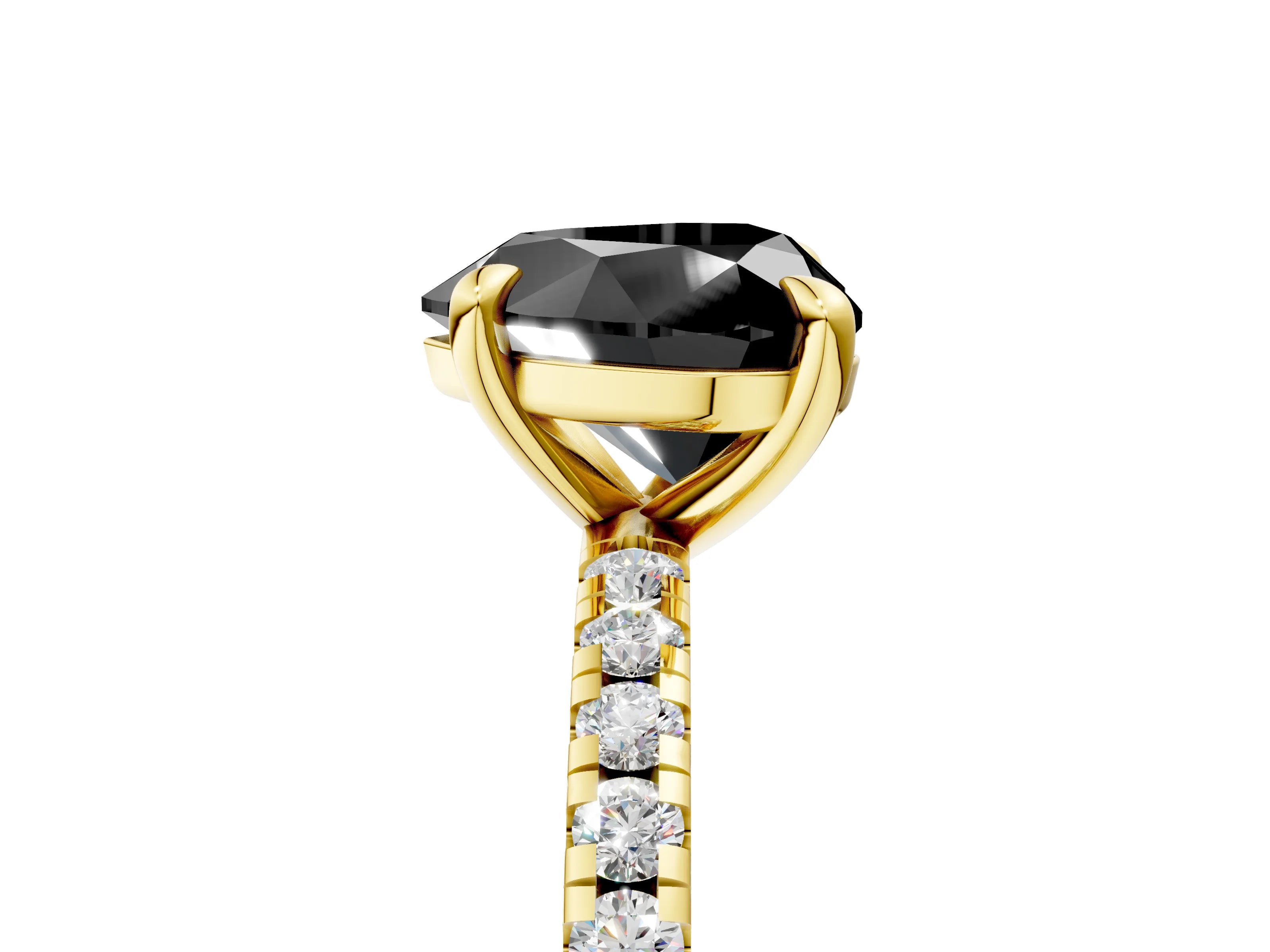 Yellow gold Fancy Black Heart Cut Diamond Brilliant Solitaire Ring with Pavé Band and Four-Prong Setting_5