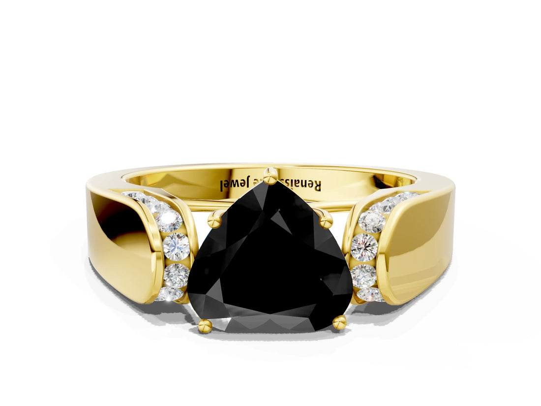 Yellow gold Fancy Black Heart Cut Diamond Channel Set Solitaire Ring with Four-Prong Setting_12