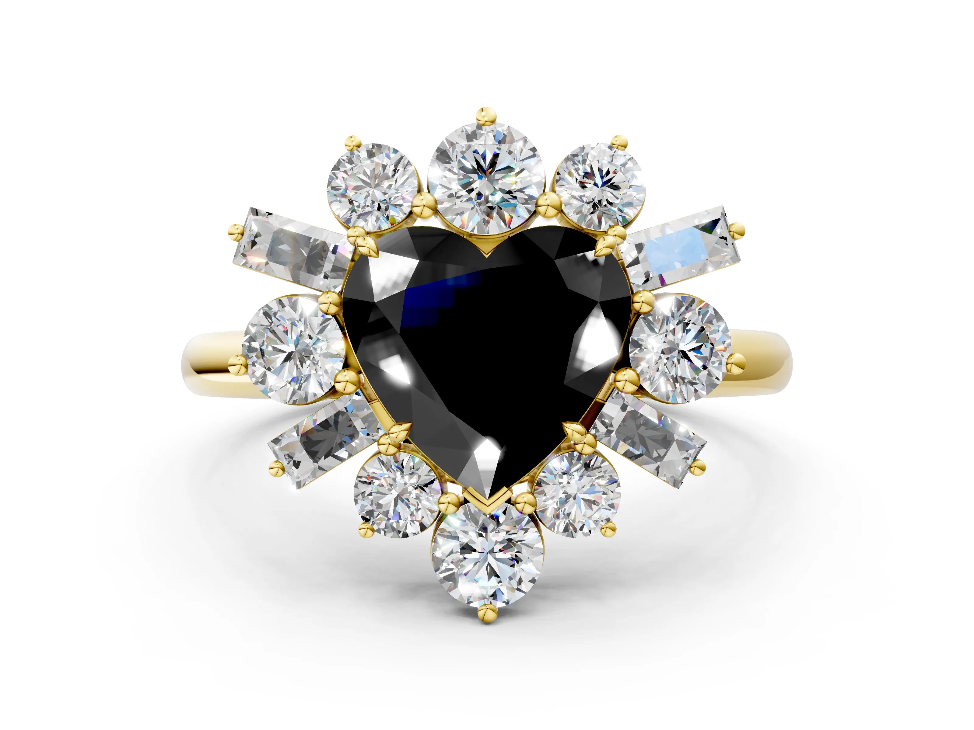 Yellow gold Fancy Black Heart Cut Diamond Cluster Ring with Round and Baguette Stones, Split Shank Band, Prong Setting