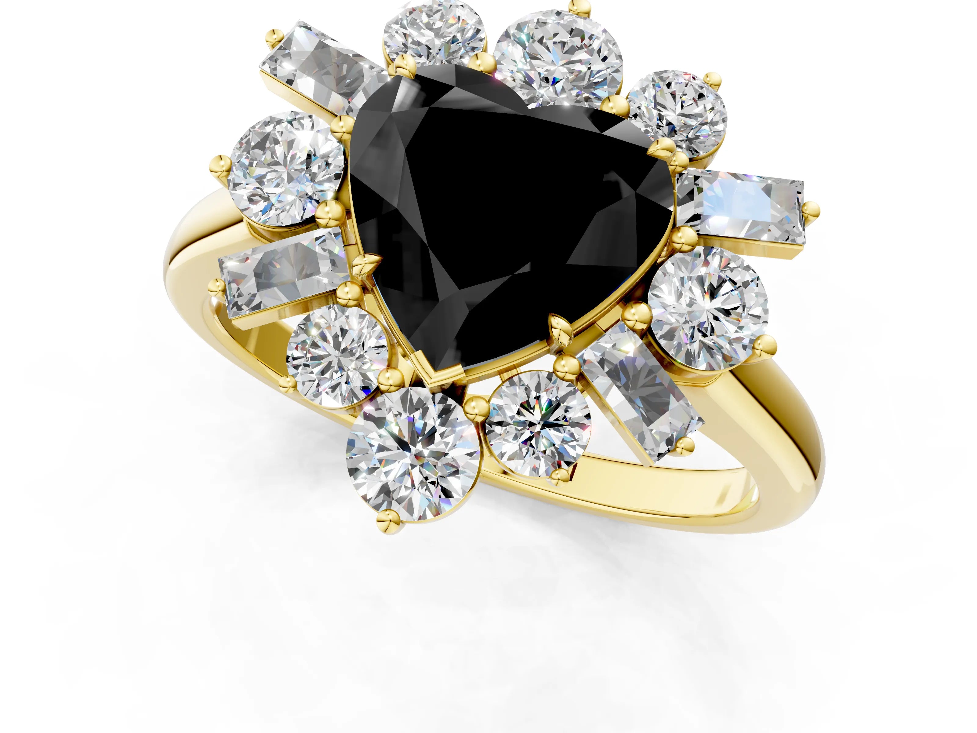 Yellow gold Fancy Black Heart Cut Diamond Cluster Ring with Round and Baguette Stones, Split Shank Band, Prong Setting_1