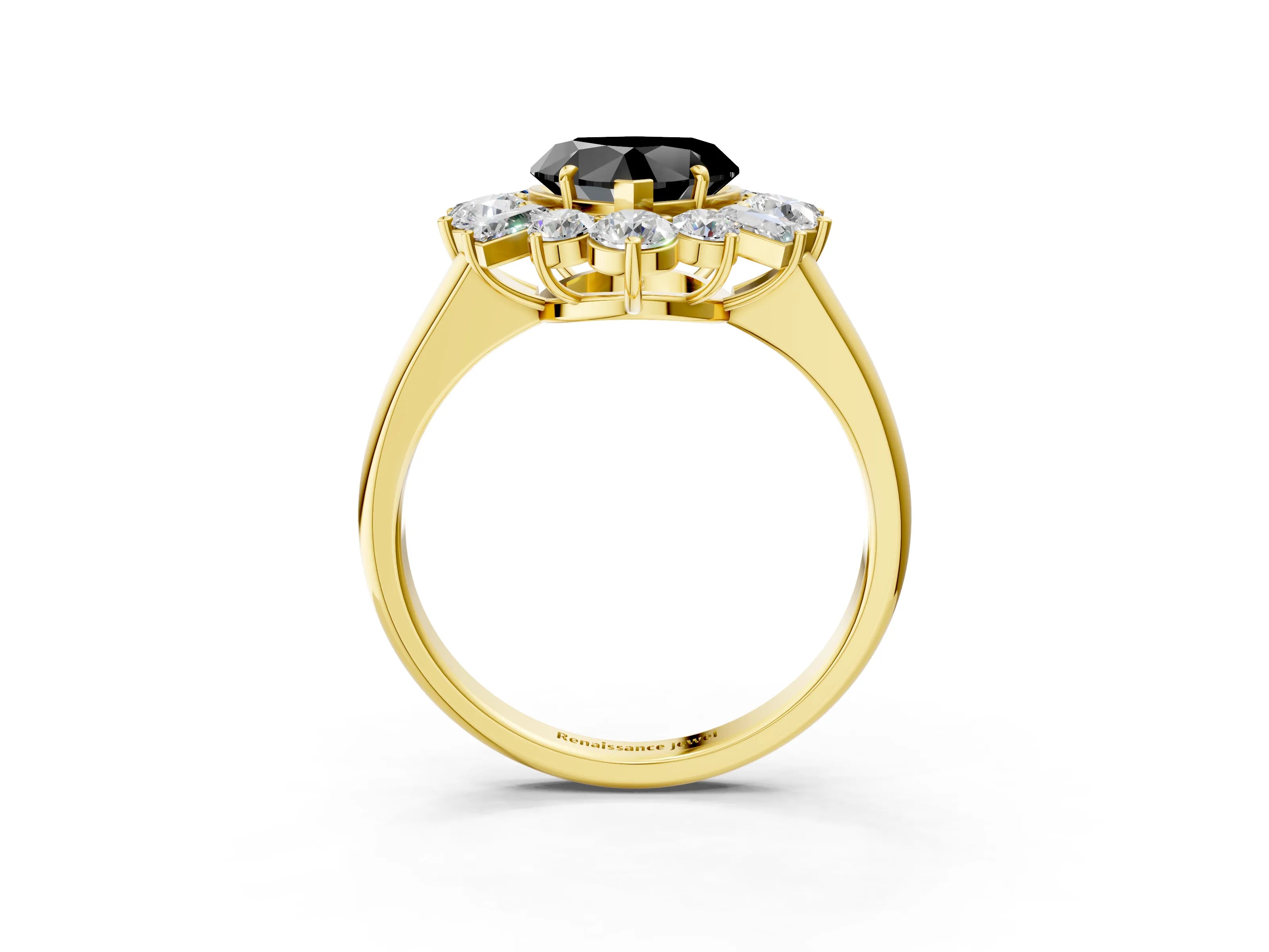 Yellow gold Fancy Black Heart Cut Diamond Cluster Ring with Round and Baguette Stones, Split Shank Band, Prong Setting_3