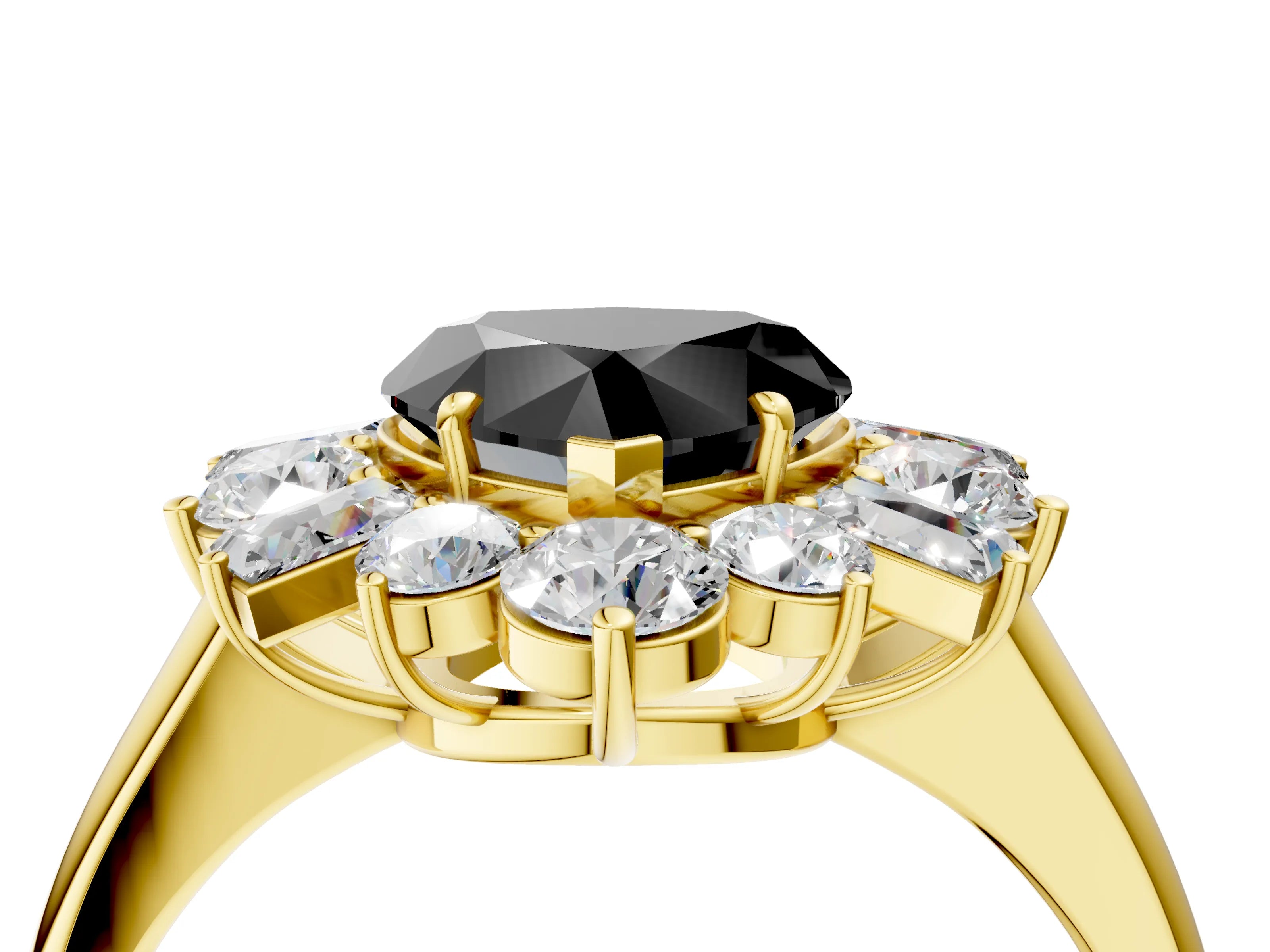 Yellow gold Fancy Black Heart Cut Diamond Cluster Ring with Round and Baguette Stones, Split Shank Band, Prong Setting_4