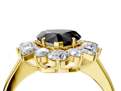 Yellow gold Fancy Black Heart Cut Diamond Cluster Ring with Round and Baguette Stones, Split Shank Band, Prong Setting_4