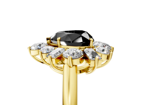 Yellow gold Fancy Black Heart Cut Diamond Cluster Ring with Round and Baguette Stones, Split Shank Band, Prong Setting_5