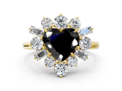 Yellow gold Fancy Black Heart Cut Diamond Cluster Ring with Round and Baguette Stones, Split Shank Band, Prong Setting