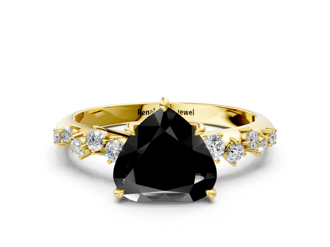 Yellow gold Fancy Black Heart Cut Diamond Cluster Side Stone Solitaire Ring with Prong Setting_24