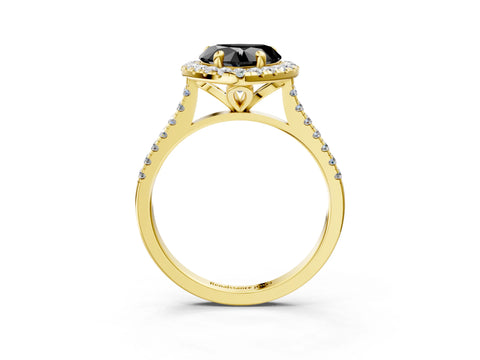 Yellow gold Fancy Black Heart Cut Diamond Cushion Halo Ring with Pavé Band_3