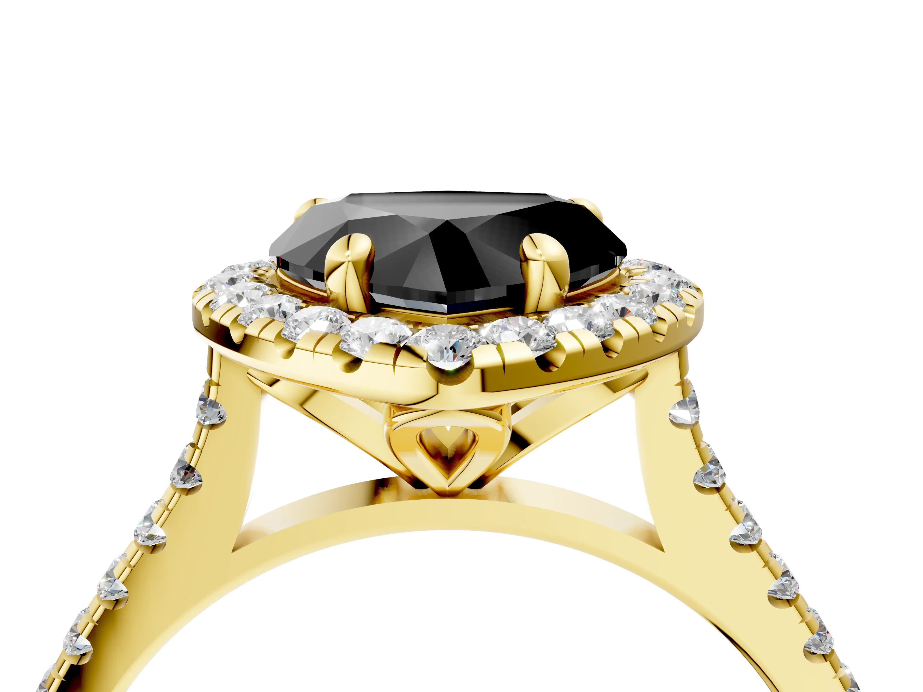 Yellow gold Fancy Black Heart Cut Diamond Cushion Halo Ring with Pavé Band_4