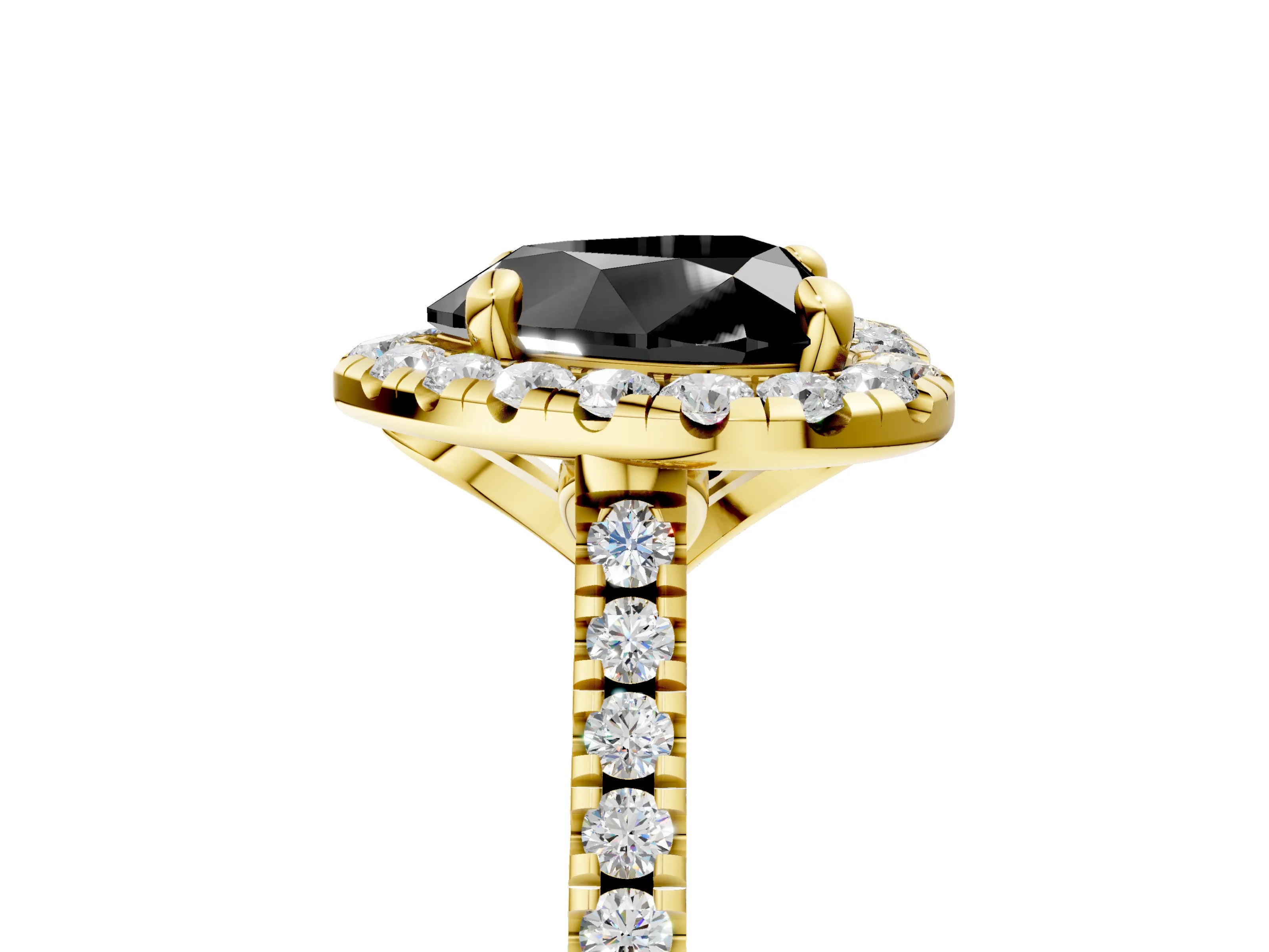 Yellow gold Fancy Black Heart Cut Diamond Cushion Halo Ring with Pavé Band_5
