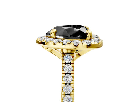 Yellow gold Fancy Black Heart Cut Diamond Cushion Halo Ring with Pavé Band_5