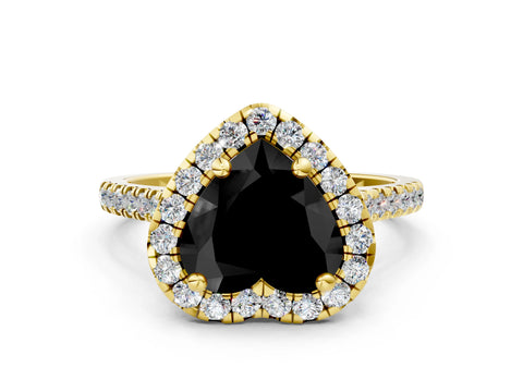 Yellow gold Fancy Black Heart Cut Diamond Cushion Halo Ring with Pavé Band