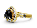 Yellow gold Fancy Black Heart Cut Diamond Double Halo Ring with Split Shank and Four-Prong Setting