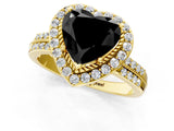 Yellow gold Fancy Black Heart Cut Diamond Double Halo Ring with Split Shank and Four-Prong Setting_1
