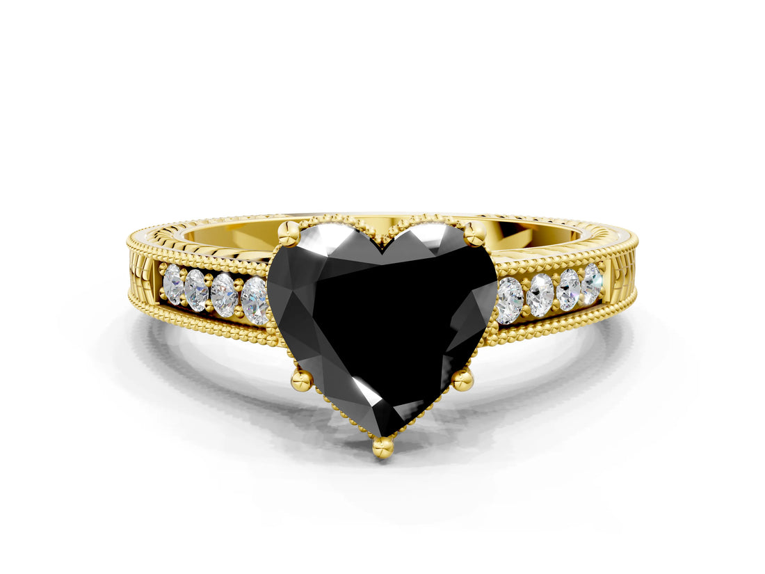 Yellow gold Fancy Black Heart Cut Diamond Engagement Ring with Milgrain Channel Set Band and Prong Setting