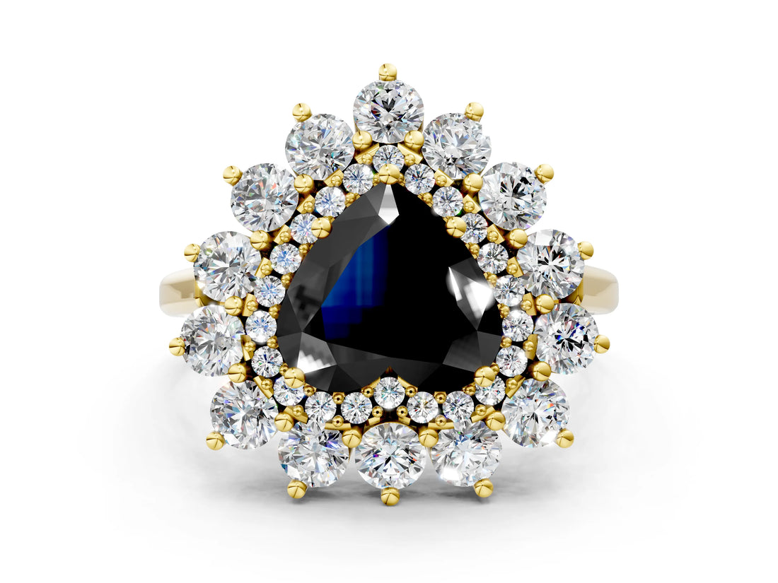 Yellow gold Fancy Black Heart Cut Diamond Floral Double Halo Engagement Ring with Prong Setting_24