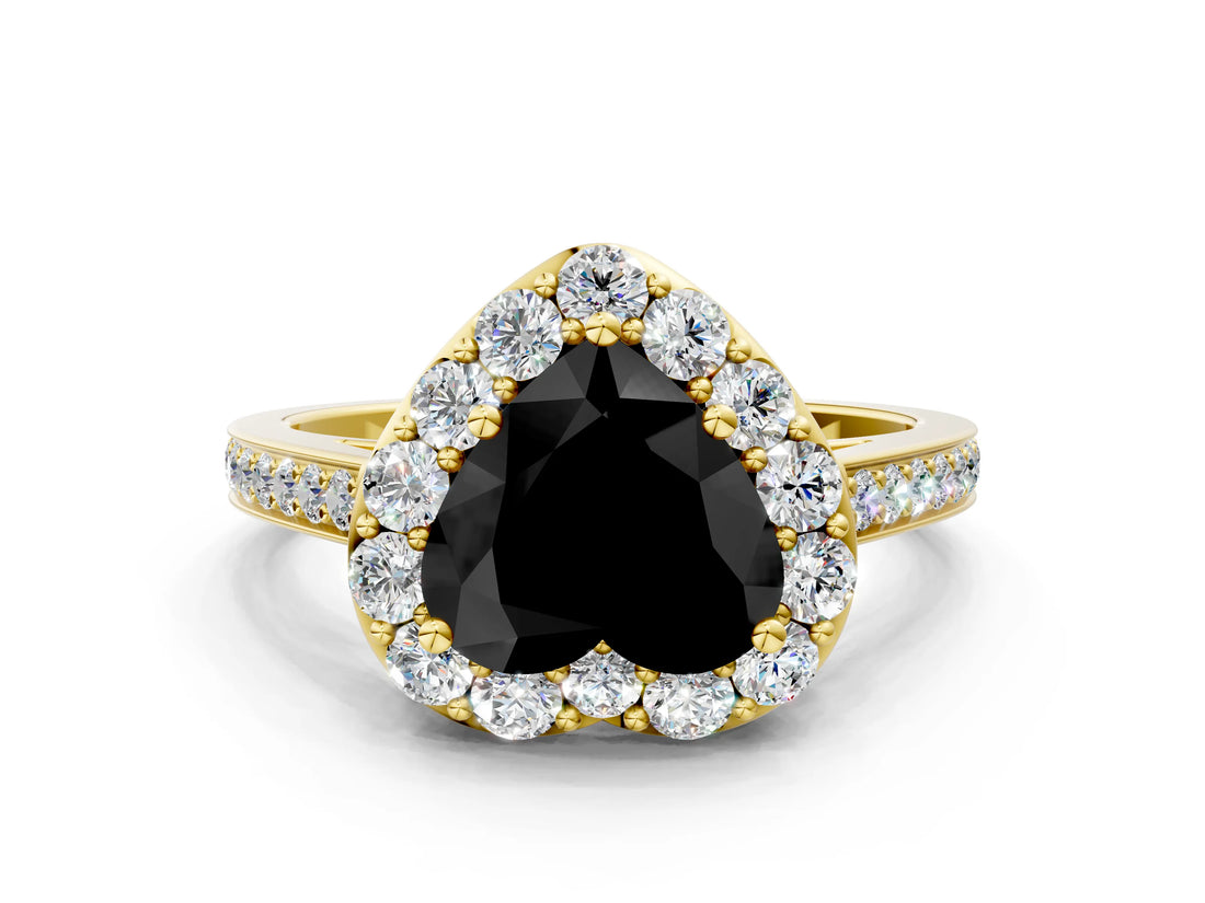 Yellow gold Fancy Black Heart Cut Diamond Floral Halo Ring with Pavé Band and Prong Setting_3
