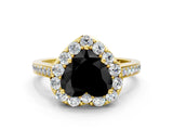 Yellow gold Fancy Black Heart Cut Diamond Floral Halo Ring with Pavé Band and Prong Setting_3