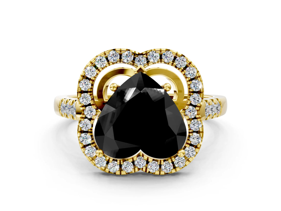 Yellow gold Fancy Black Heart Cut Diamond Floral Halo Split Shank Prong Setting Ring_12